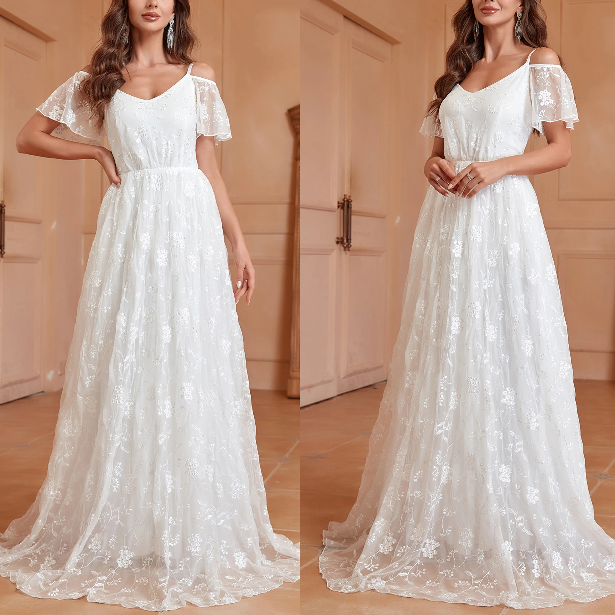Women's white backless wedding dress, bridesmaid dress, suspender, off shoulder V-neck lace wedding dress, bridal gown
Women's white backless wedding dress, bridesmaid dress, suspender, off shoulder V-neck lace wedding dress, bridal gown