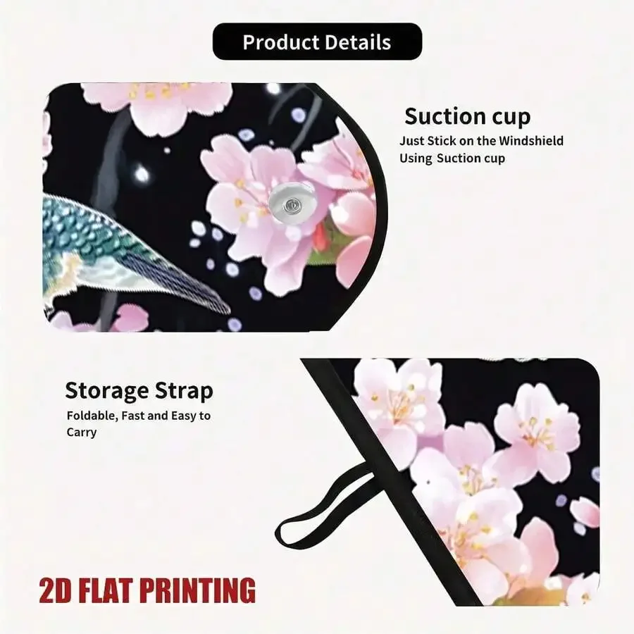 Car Sunshade With Hummingbird And Cherry Blossom Print, Universal Fit, Suction Cup Mount, Foldable Storage Strap
Car Sunshade With Hummingbird And Cherry Blossom Print, Universal Fit, Suction Cup Mount, Foldable Storage Strap