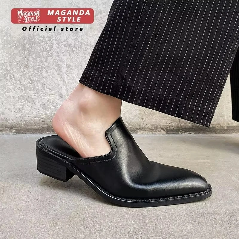 Black leather slippers, men's and women's slip in pointed Muller thick soled casual business formal dress shoes work commuting
Black leather slippers, men's and women's slip in pointed Muller thick soled casual business formal dress shoes work commuting