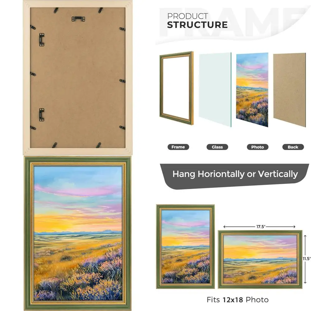 Elegant Green Gold 12x18 Inch Picture Frame with Real Glass for Wall Display
Elegant Green Gold 12x18 Inch Picture Frame with Real Glass for Wall Display
