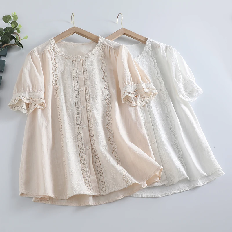 Japanese Sweet Mori Girl Embroidery Hollow Out 100% Cotton Shirts Women Summer Solid Color O-Neck Short Sleeve Casual Blouse Top
Japanese Sweet Mori Girl Embroidery Hollow Out 100% Cotton Shirts Women Summer Solid Color O-Neck Short Sleeve Casual Blouse Top