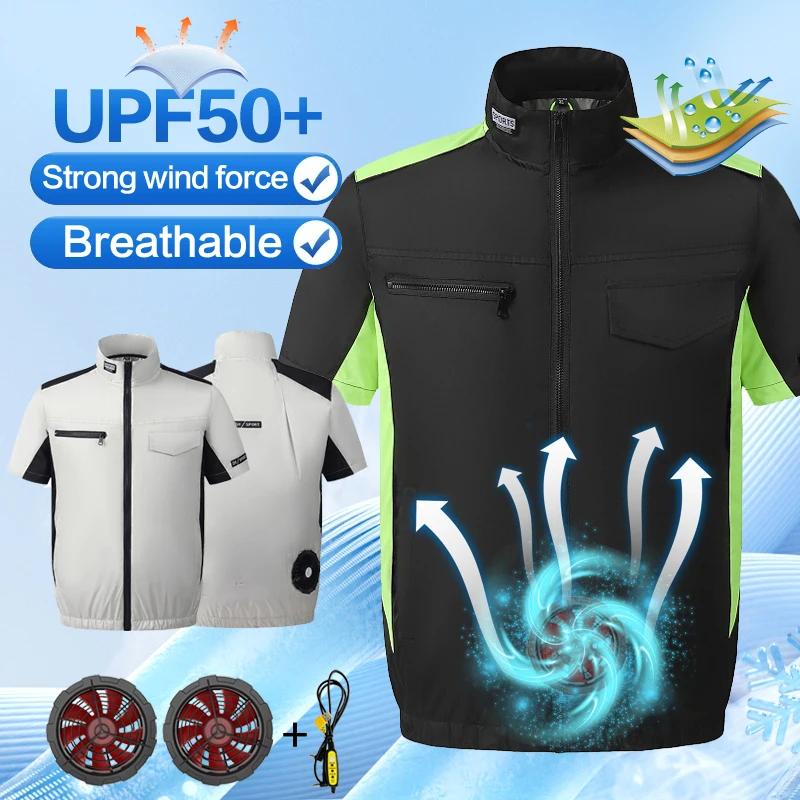 Heat protection and cooling air-conditioned clothing - Men's short-sleeved shirt for outdoor work. With fan. Jumper with chargin
Heat protection and cooling air-conditioned clothing - Men's short-sleeved shirt for outdoor work. With fan. Jumper with chargin