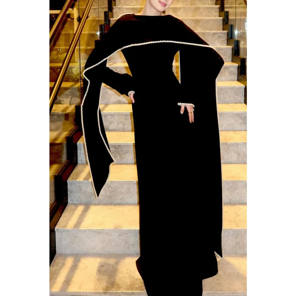 Customized Pearls Evening Dresses with Scarf Black Column 2Pcs Woman Saudi Luxury Party Dress 2026 Pleated Prom Gowns Long
Customized Pearls Evening Dresses with Scarf Black Column 2Pcs Woman Saudi Luxury Party Dress 2026 Pleated Prom Gowns Long