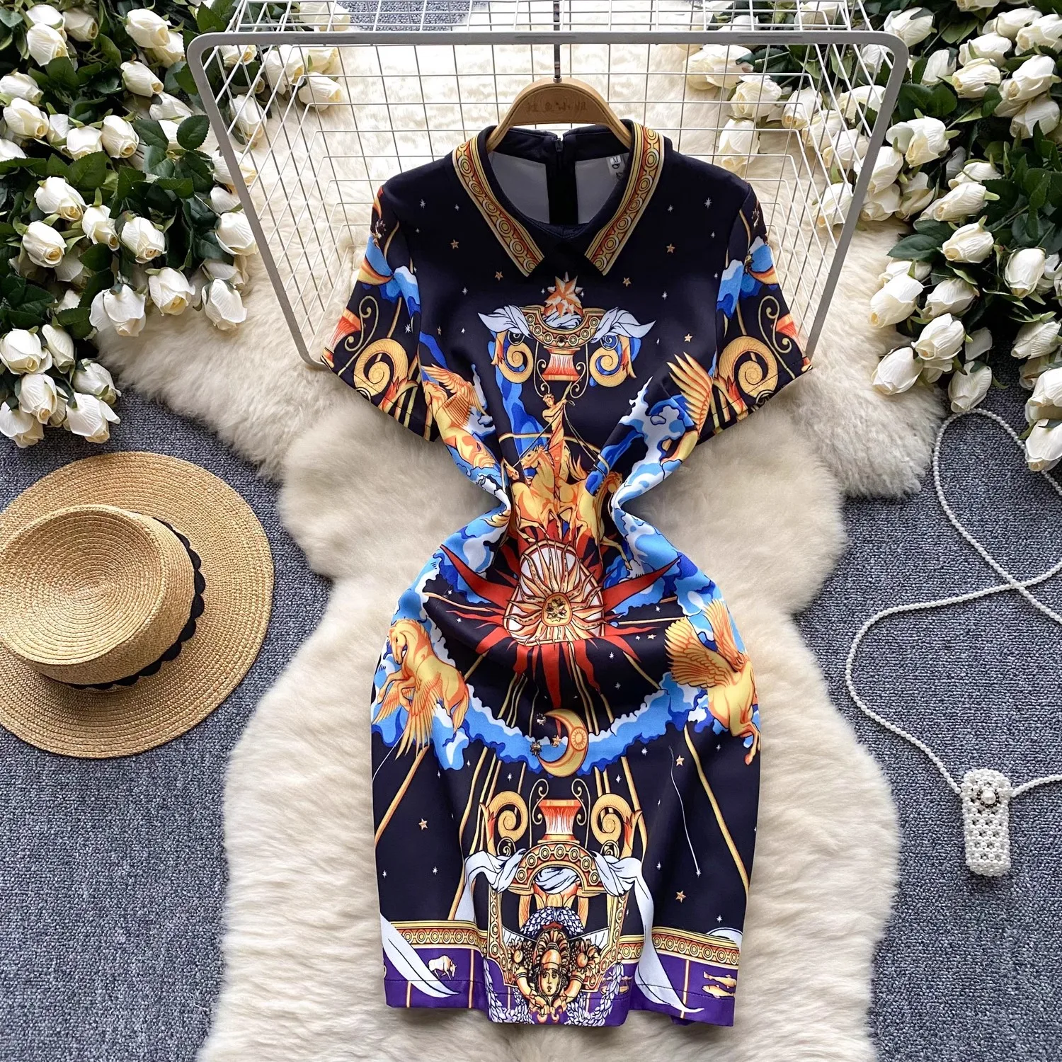Summer Fashion Runway Summer Short Dress Women's Turn Down Neck Short sleeve Retro Vintage Print Elegant Mini Party Vestidos
Summer Fashion Runway Summer Short Dress Women's Turn Down Neck Short sleeve Retro Vintage Print Elegant Mini Party Vestidos