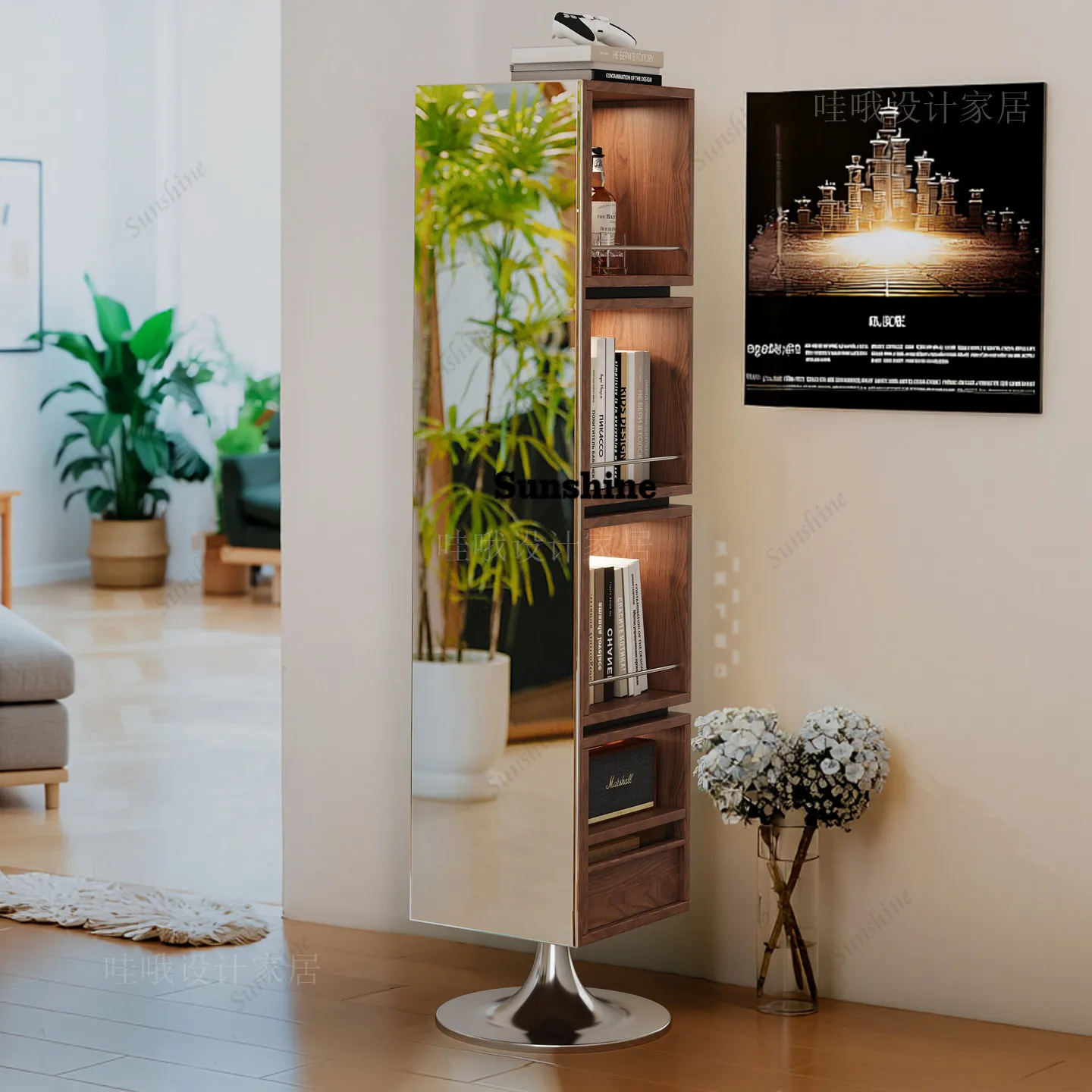 Solid wood full-body mirror cabinet rotating bookshelf with ambient light display cabinet floor bookshelf
Solid wood full-body mirror cabinet rotating bookshelf with ambient light display cabinet floor bookshelf