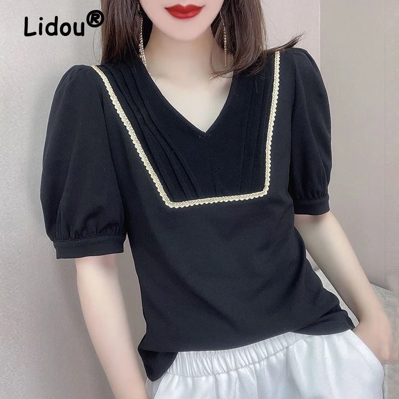 Women Korean Fashion Lace Patchwork Elegant T Shirt Summer Ruffled V Nck Short Sleeve Black White Sweet Chic Tops Ropa De Mujer
Women Korean Fashion Lace Patchwork Elegant T Shirt Summer Ruffled V Nck Short Sleeve Black White Sweet Chic Tops Ropa De Mujer