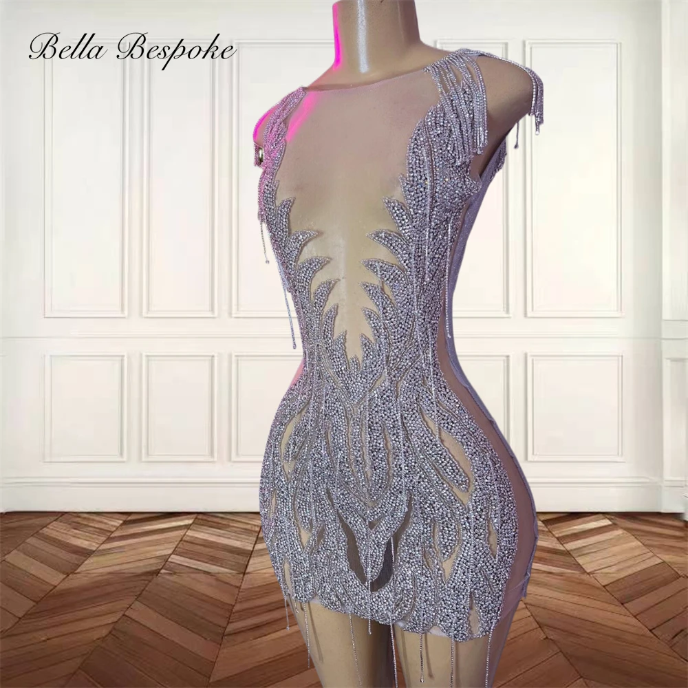 Silver O Neck Short Prom Dresses For Black Girl Beaded Crystal Rhinestone Birthday Party Dress Tassel Graduation Gown Customized
Silver O Neck Short Prom Dresses For Black Girl Beaded Crystal Rhinestone Birthday Party Dress Tassel Graduation Gown Customized