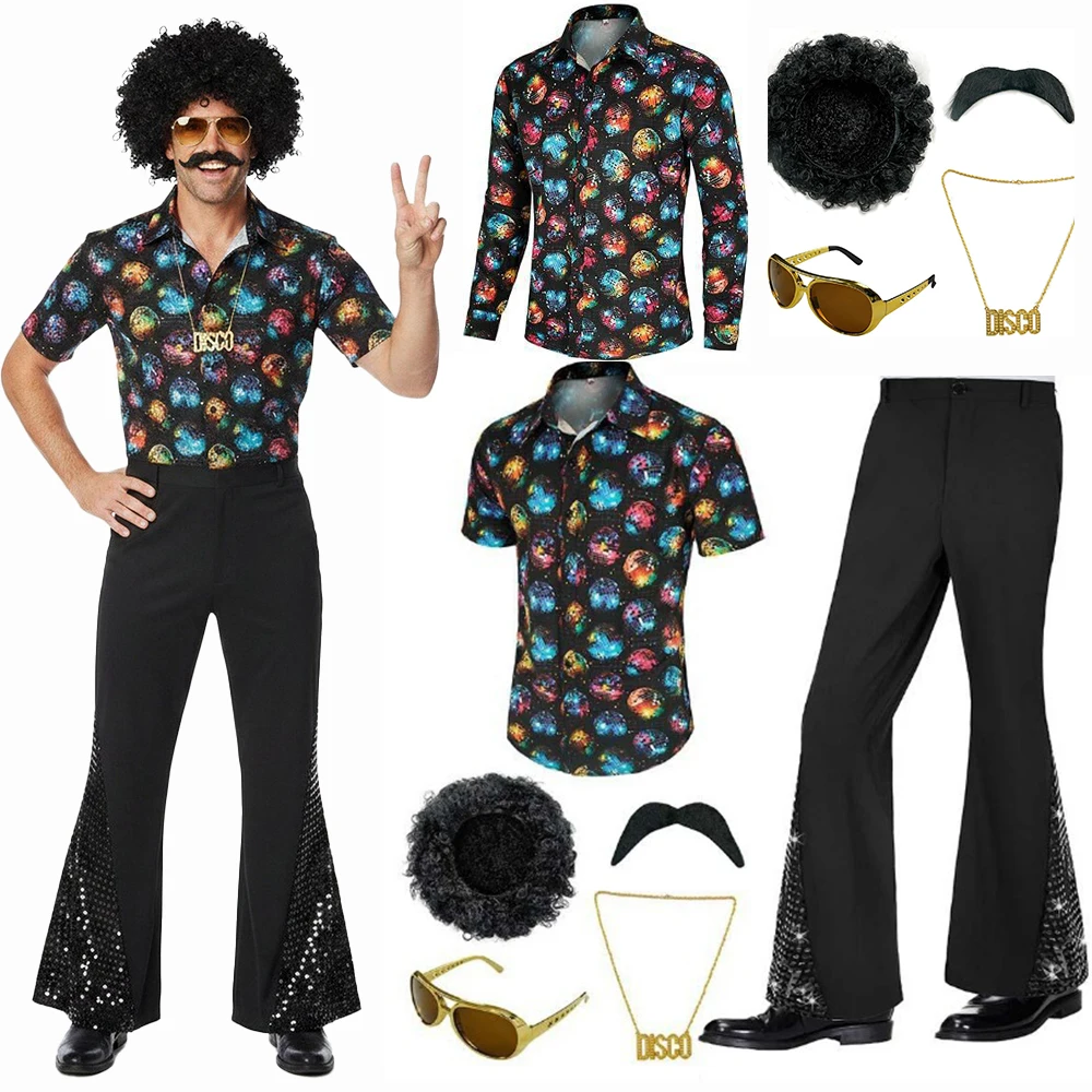 70S Retro Disco Costume Men's Printed Shirts Bell-Bottom Pants Afro Wig Sunglasses Mustache and Necklace Halloween Costume
70S Retro Disco Costume Men's Printed Shirts Bell-Bottom Pants Afro Wig Sunglasses Mustache and Necklace Halloween Costume