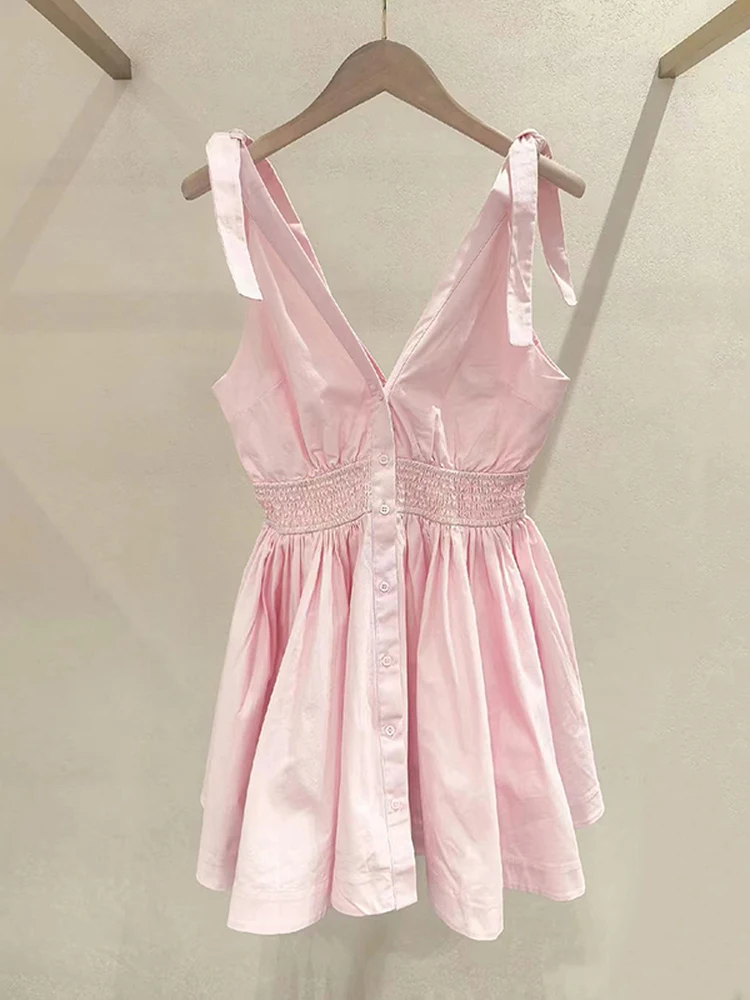 Summer 2026 Pink Sweet Short Dress with High Waist V-Neck Backless Design Princess Style Cotton Knot for Women
Summer 2026 Pink Sweet Short Dress with High Waist V-Neck Backless Design Princess Style Cotton Knot for Women
