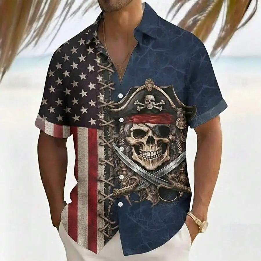 Mens Pirate Skull And US Flag 3D Print Short Sleeve Button Up Casual Shirt
Mens Pirate Skull And US Flag 3D Print Short Sleeve Button Up Casual Shirt