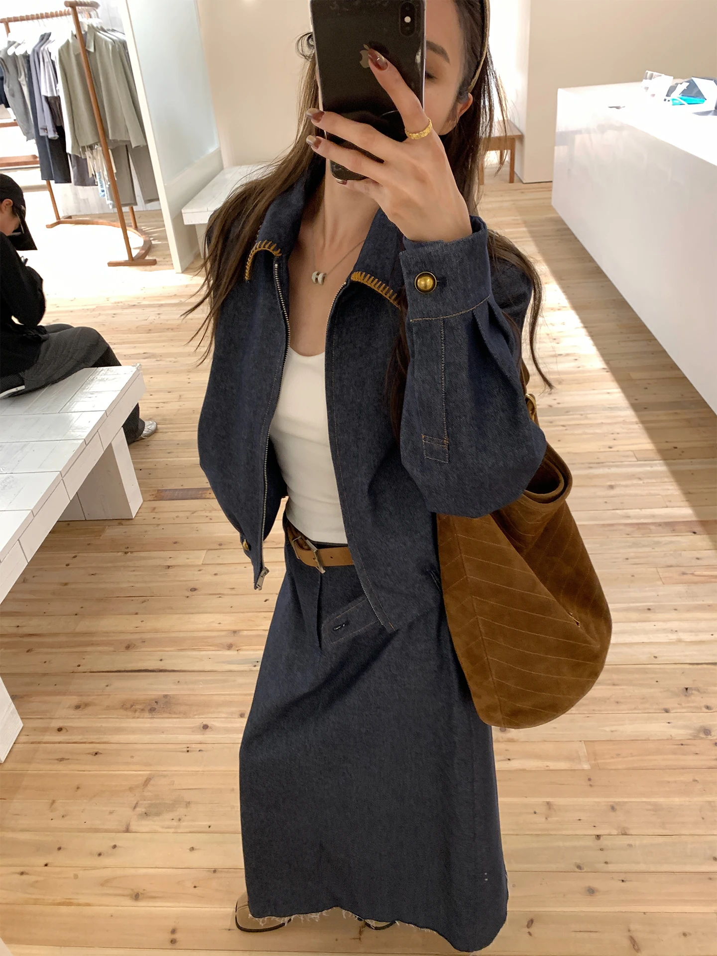 NanaByNana Heavyweight Waed Denim Jaet And Skirt Set for Women Spring Autumn Faion Outfit Casual Commute Sle
NanaByNana Heavyweight Waed Denim Jaet And Skirt Set for Women Spring Autumn Faion Outfit Casual Commute Sle