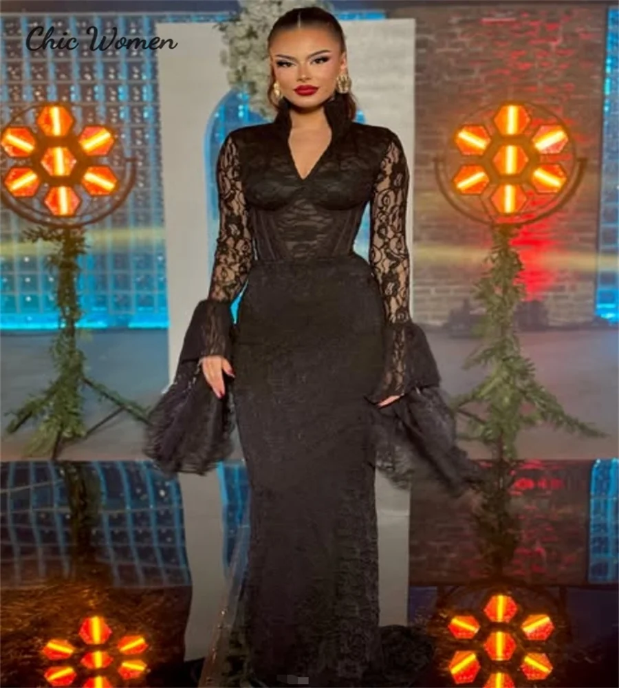 Amazing Black Lace Evening Dress Mermaid V Neck Long Sleeve Prom Dresses Arabic Dubai Formal Dress Elegant Party Gown Customized
Amazing Black Lace Evening Dress Mermaid V Neck Long Sleeve Prom Dresses Arabic Dubai Formal Dress Elegant Party Gown Customized
