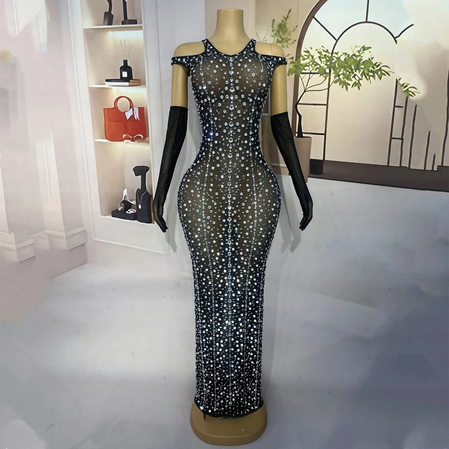 Women Sexy Sparkly Rhinestones Pearls Transparent Long Dress Gloves Birthday Celebrate Prom Gowns Singer Evening Party Costume
Women Sexy Sparkly Rhinestones Pearls Transparent Long Dress Gloves Birthday Celebrate Prom Gowns Singer Evening Party Costume