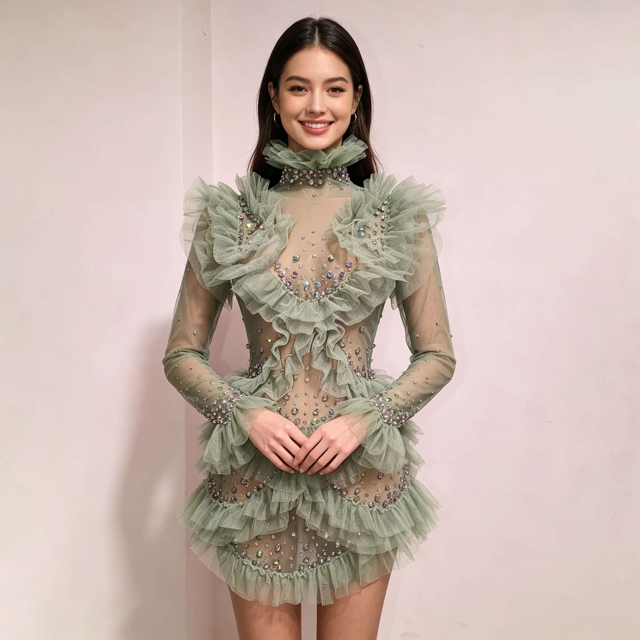 Sexy See-through Mesh Lace Ruffle Hip Skirt Luxury Mint Green Rhinestone Dress Celebrating Birthday Club Singer Stage Costume
Sexy See-through Mesh Lace Ruffle Hip Skirt Luxury Mint Green Rhinestone Dress Celebrating Birthday Club Singer Stage Costume