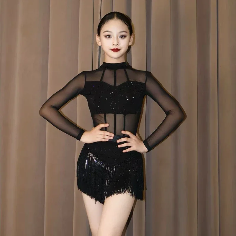 Girls Latin Dance Competition Dress Sequin Fringe Dress Black Mesh Long Sleeves Cha Cha Dance Clothes Performance Dress
Girls Latin Dance Competition Dress Sequin Fringe Dress Black Mesh Long Sleeves Cha Cha Dance Clothes Performance Dress