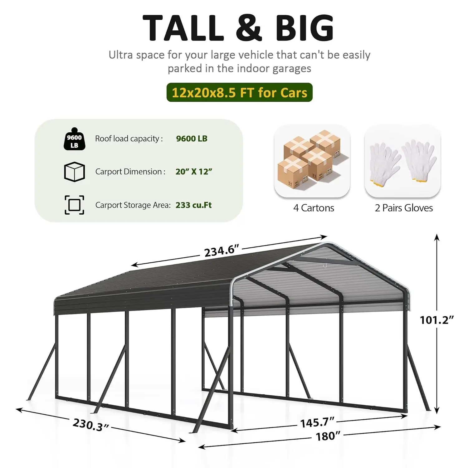 Customized 12x20 FT Metal Carport Canopy, Heavy Duty Design with Updated Enhanced Base & All-Weather Roof
Customized 12x20 FT Metal Carport Canopy, Heavy Duty Design with Updated Enhanced Base & All-Weather Roof