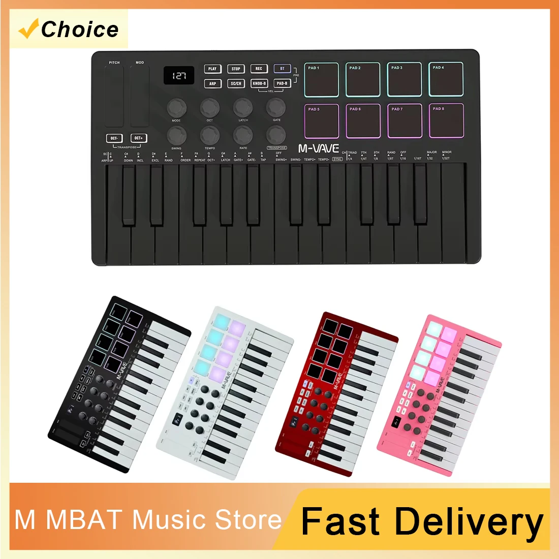 M-VAVE SMK 25 MIDI Keyboard Controller With 8 RGB Drum Pads Control Console With Software Included Chord Performance Controller