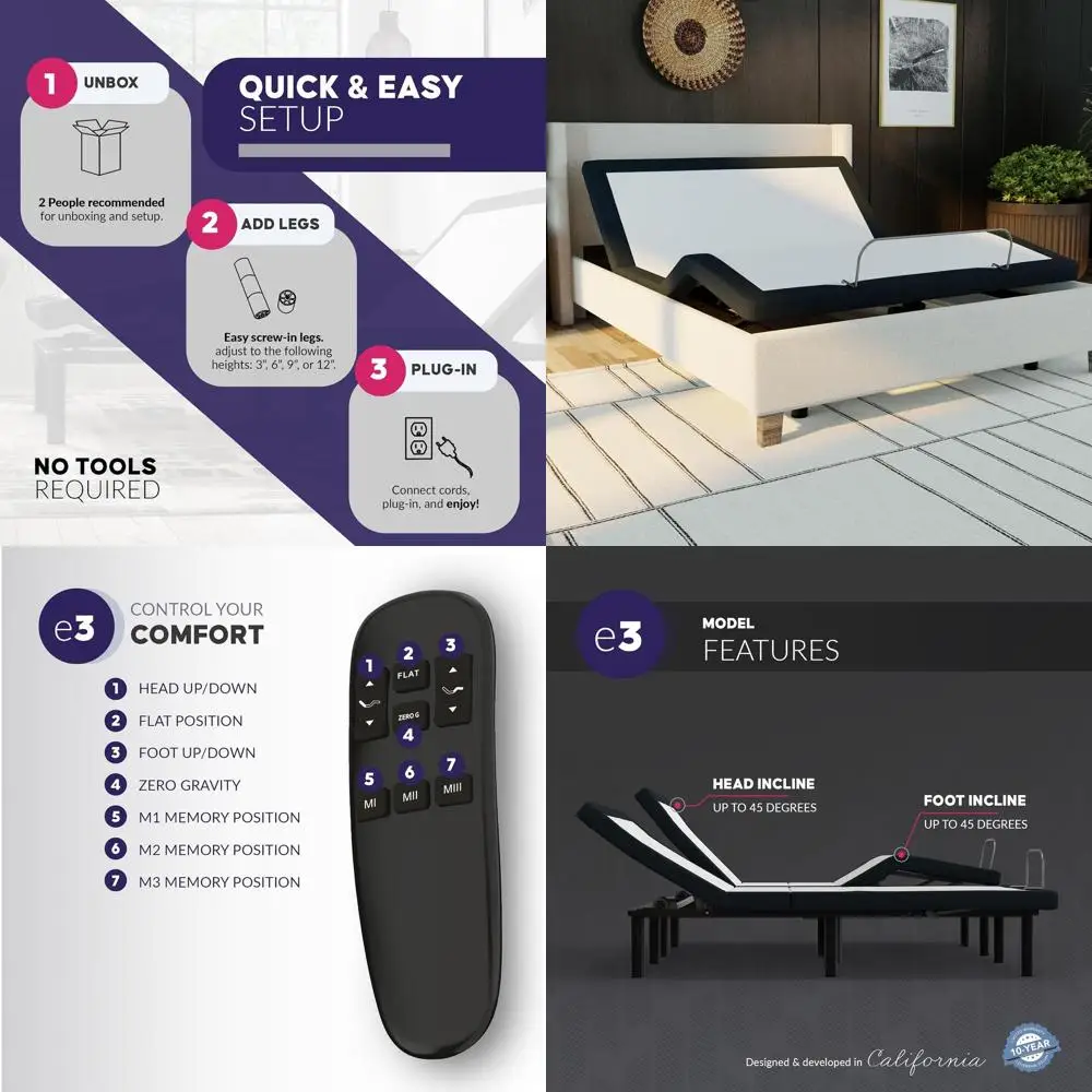 Blissful Nights Full e3 Adjustable Bed Base Frame with Head and Foot Incline, Wireless Remote Control, Easy Assembly, and 10 Yea
Blissful Nights Full e3 Adjustable Bed Base Frame with Head and Foot Incline, Wireless Remote Control, Easy Assembly, and 10 Yea