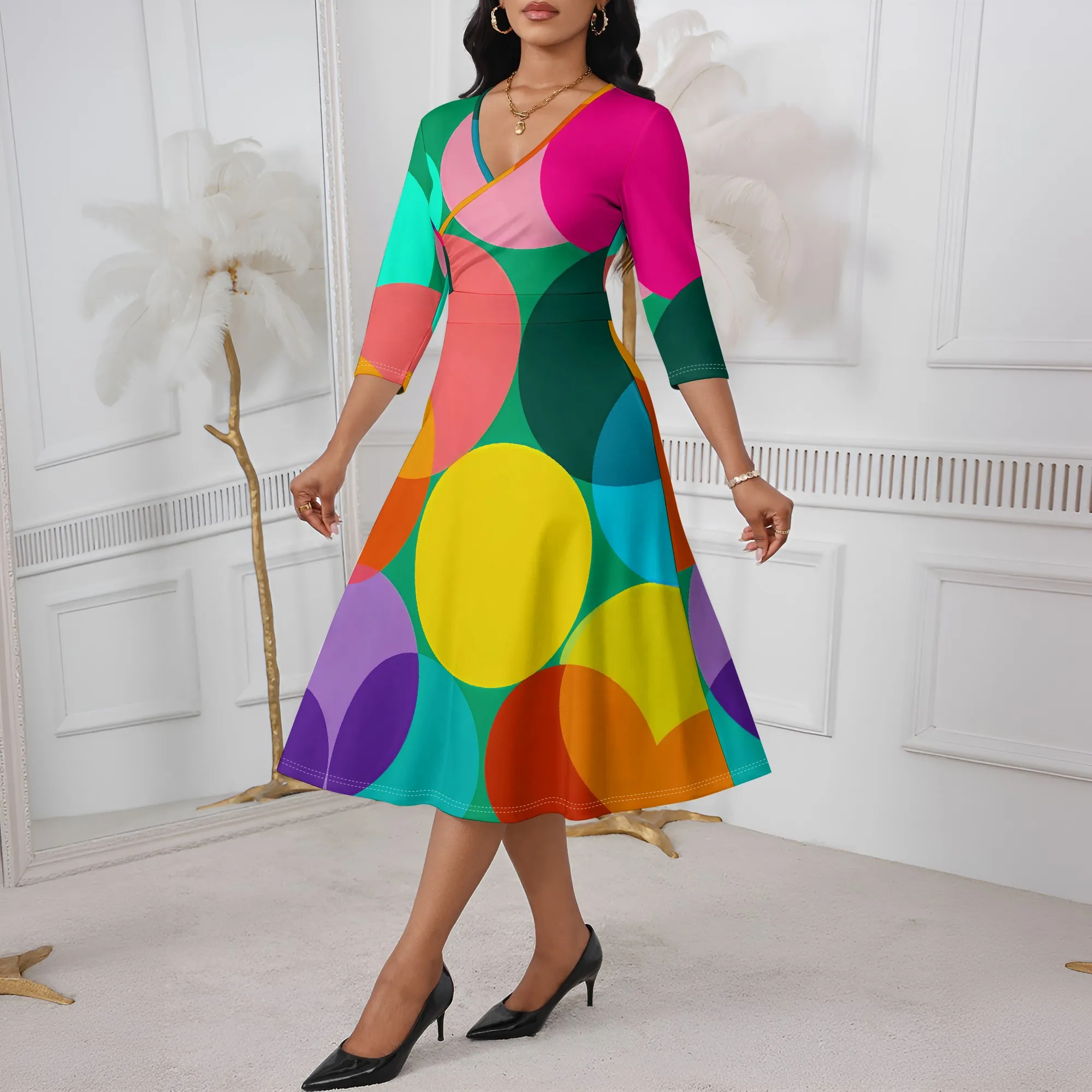 Colorful Geometric Print Wrap Dress for Women XS-3XL Artistic A-Line V-Neck Style for Summer Gallery Visit or Birthday Look
Colorful Geometric Print Wrap Dress for Women XS-3XL Artistic A-Line V-Neck Style for Summer Gallery Visit or Birthday Look