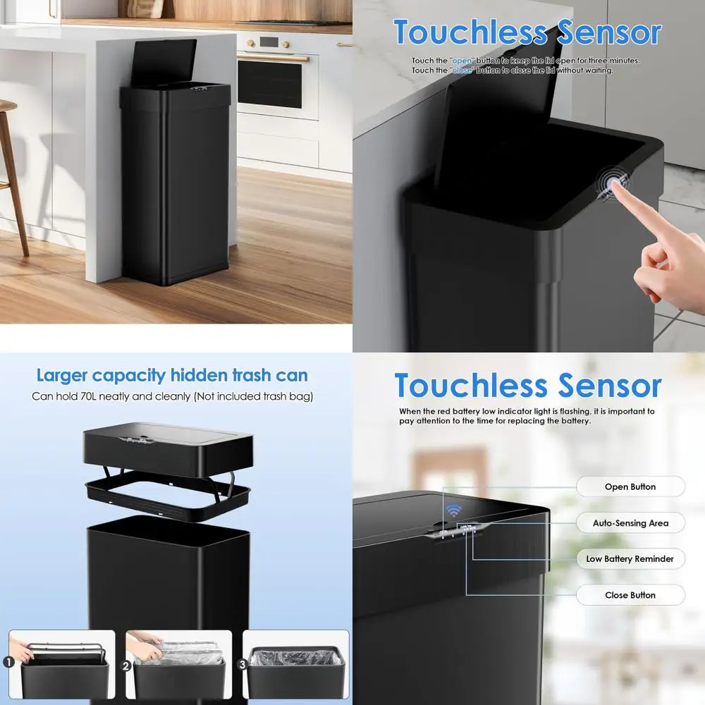 16 Gallon Automatic Touchless Trash Can with Soft-Close Lid, Bag Holder, and LED Light for Kitchen and Living Room
16 Gallon Automatic Touchless Trash Can with Soft-Close Lid, Bag Holder, and LED Light for Kitchen and Living Room