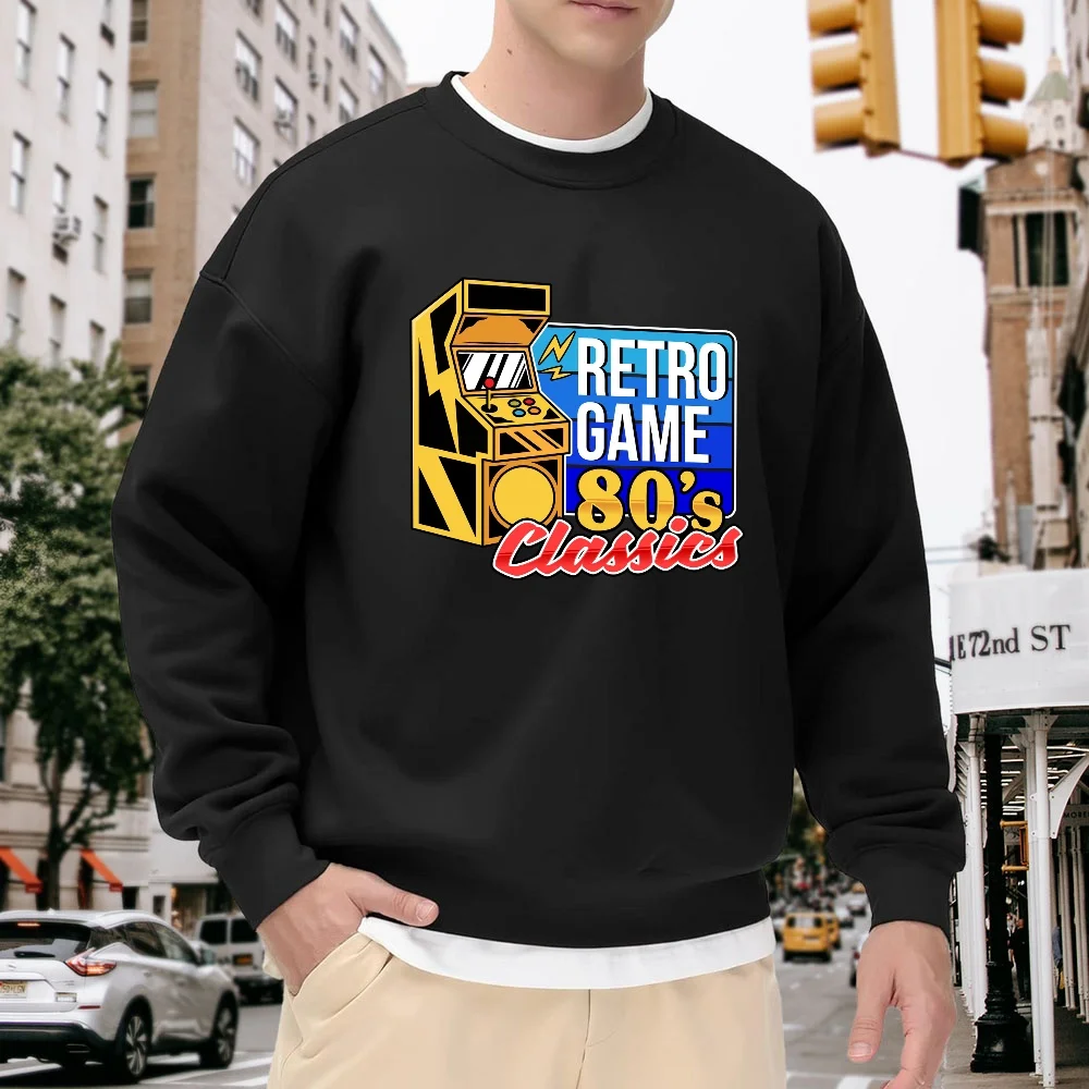 Men's Black Crew Neck Pullover Sweatshirt with Retro Game Console Print, Loose Fit, Street Style Casual Top, Comfortable and Soft, Versatile for Daily Wear
Men's Black Crew Neck Pullover Sweatshirt with Retro Game Console Print, Loose Fit, Street Style Casual Top, Comfortable and Soft, Versatile for Daily Wear