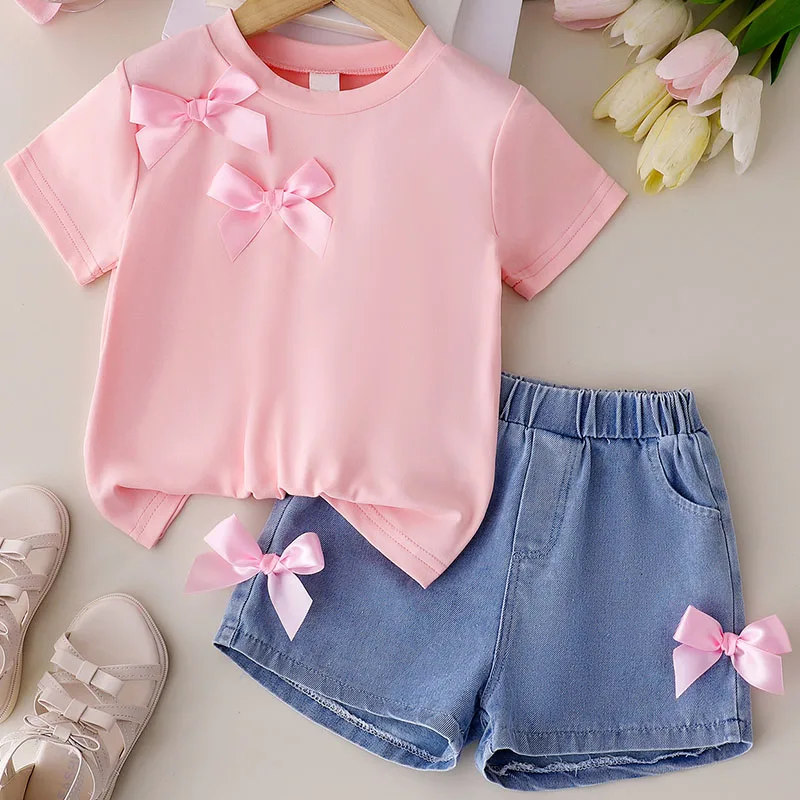 2Piece Summer Toddler Girl Clothes Korean Pink Cute Bow Short Sleeve Tops+Denim Shorts Kids Clothes Baby Boutique Clothing B083
2Piece Summer Toddler Girl Clothes Korean Pink Cute Bow Short Sleeve Tops+Denim Shorts Kids Clothes Baby Boutique Clothing B083