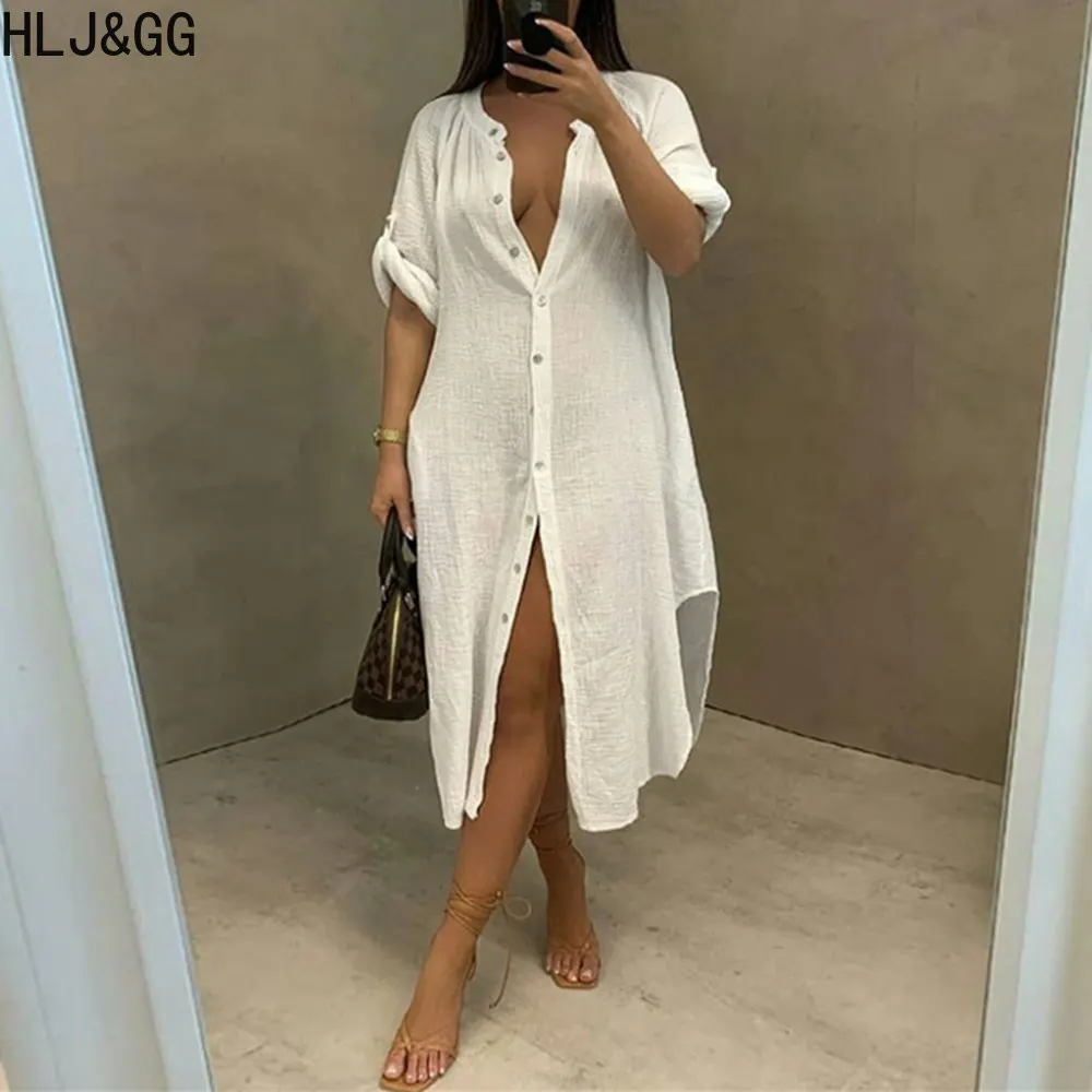 HLJ&GG Elegant Lady Solid Color Loose Shirts Dresses Women V Neck Button Short Sleeve Irregular Vestidos Fashion Female Clothing
HLJ&GG Elegant Lady Solid Color Loose Shirts Dresses Women V Neck Button Short Sleeve Irregular Vestidos Fashion Female Clothing