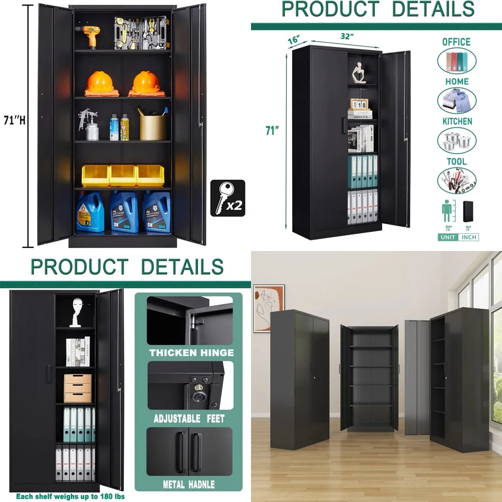 Ящик для инструментов Настольный металлический шкаф для хранения с 4 регулируемыми полками и двойными запирающимися дверями, 71 дюйм
Ящик для инструментов Настольный металлический шкаф для хранения с 4 регулируемыми полками и двойными запирающимися дверями, 71 дюйм