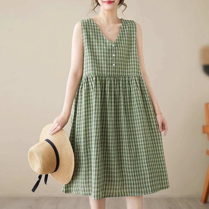 #3916 Red Green Vintage Tank Top Plaid Dress Women V-neck Sexy Sleeveless A-line Dress Knee-length Loose Cotton And Linen Summer
#3916 Red Green Vintage Tank Top Plaid Dress Women V-neck Sexy Sleeveless A-line Dress Knee-length Loose Cotton And Linen Summer