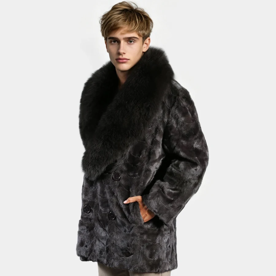 Black Sections Mink Fur Pea Coat With Fox Fur Collar Mid-length Real Mink Fur Jacket Furry Jacket New Men's Winter Fur Jacket
Black Sections Mink Fur Pea Coat With Fox Fur Collar Mid-length Real Mink Fur Jacket Furry Jacket New Men's Winter Fur Jacket