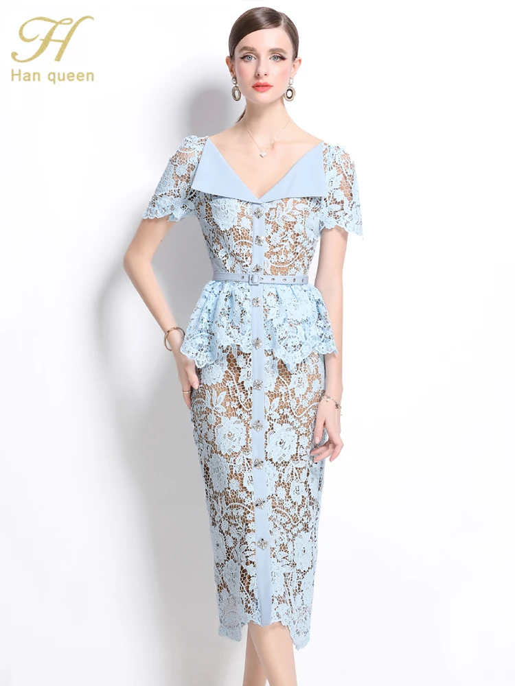 H Han Queen Vintage Holiday Hollow Out Lace Prom Dress For Women Summer Short Sleeve Luxury Single breasted Long Party Dresses
H Han Queen Vintage Holiday Hollow Out Lace Prom Dress For Women Summer Short Sleeve Luxury Single breasted Long Party Dresses