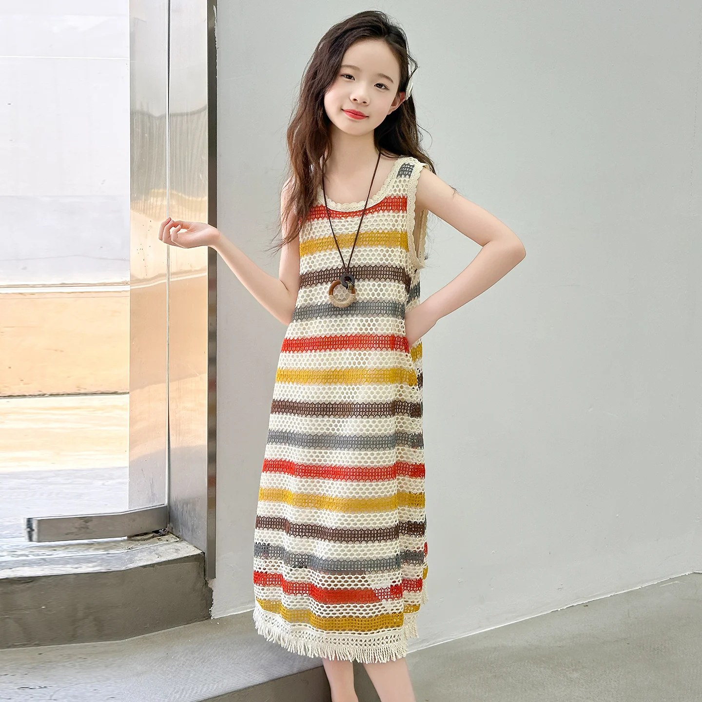 Kids Summer Long Openwork Colorful Stripe Dress for Girl Streetwear Hollow Out Knitted Maxi Beach Dress Child Fashion Vestidos
Kids Summer Long Openwork Colorful Stripe Dress for Girl Streetwear Hollow Out Knitted Maxi Beach Dress Child Fashion Vestidos