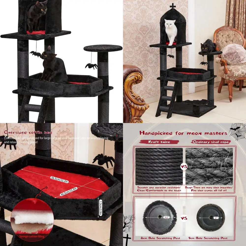 55 Black Gothic Cat Tower with Coffin Bed, Spacious Condo, Scratching Posts, and Spider Ball for Large Cats
55 Black Gothic Cat Tower with Coffin Bed, Spacious Condo, Scratching Posts, and Spider Ball for Large Cats