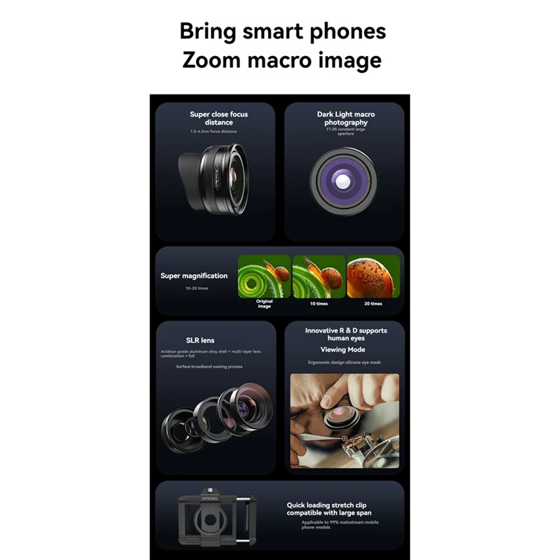 Макрообъектив APEXEL Zoom 100 мм для телефона Pro, комплект объективов с эластичным зажимом для Iphone, Samsung, Android, смартфона-N33R
Макрообъектив APEXEL Zoom 100 мм для телефона Pro, комплект объективов с эластичным зажимом для Iphone, Samsung, Android, смартфона-N33R