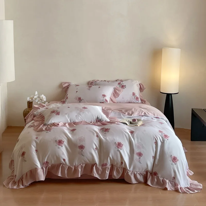 4Pcs Lyocell Soft Silky Cooling Summer Bedding Set Rose Floral Prints Ruffles Duvet Cover Set Bed Sheet/Fitted Sheet Pillowcases
4Pcs Lyocell Soft Silky Cooling Summer Bedding Set Rose Floral Prints Ruffles Duvet Cover Set Bed Sheet/Fitted Sheet Pillowcases