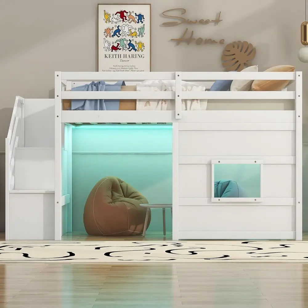 Twin Size Low Loft Bed with Stairs, Storage, LED Lights, and Playhouse Space for Kids in White
Twin Size Low Loft Bed with Stairs, Storage, LED Lights, and Playhouse Space for Kids in White