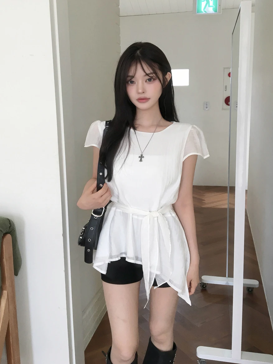 Korean Style Women's Shirt Short Sleeve Bow Tie Waist Design Anti-Aging Mid-Length round Neck Straight Cut Summer Top
Korean Style Women's Shirt Short Sleeve Bow Tie Waist Design Anti-Aging Mid-Length round Neck Straight Cut Summer Top