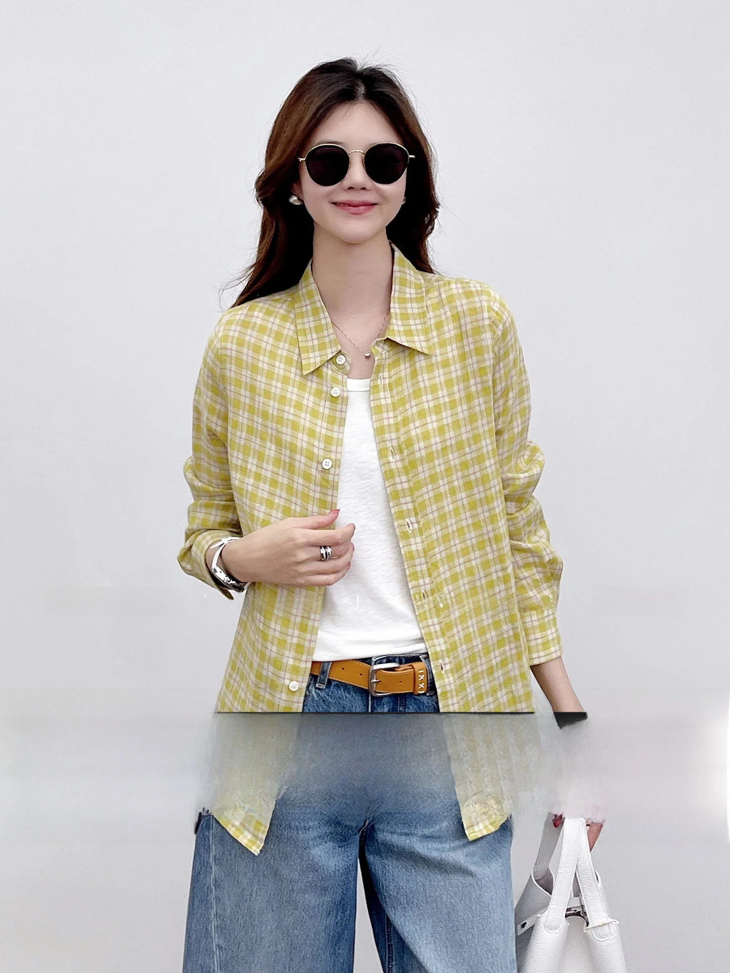 Korean Style Long Sleeve Linen Shirt Spring Early Yellow Plaid Turn-down Collar Casual Loose Fit Women's Classic Pattern
Korean Style Long Sleeve Linen Shirt Spring Early Yellow Plaid Turn-down Collar Casual Loose Fit Women's Classic Pattern