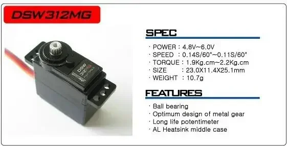 Nexus DSW 312 MG Digital Metal gears Bearing high torque fast Servo Digital 10.7g DSW312MG for .20-.30 airplanes small heli
Nexus DSW 312 MG Digital Metal gears Bearing high torque fast Servo Digital 10.7g DSW312MG for .20-.30 airplanes small heli
