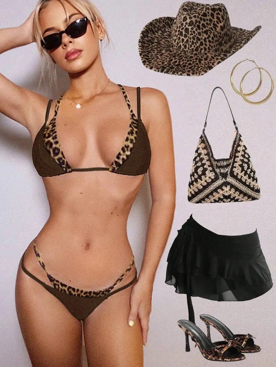 Womens Leopard Print Patchwork Bikini Set With Western Hat And Accessories
Womens Leopard Print Patchwork Bikini Set With Western Hat And Accessories