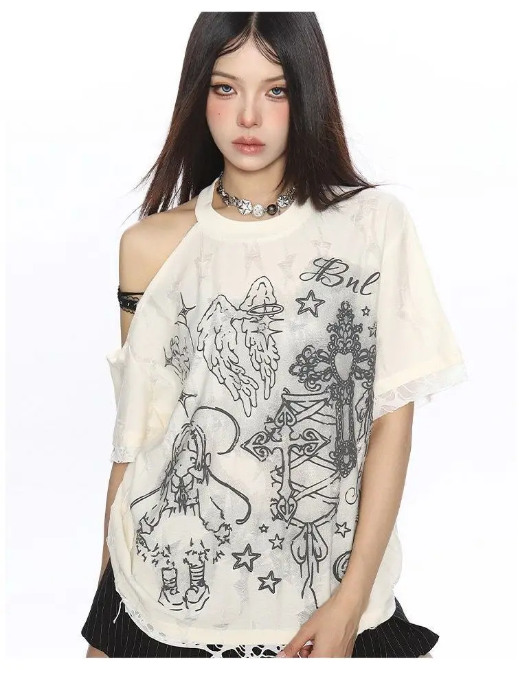 Y2K Cool Lace Off-shoulder Short-sleeved Printed T-shirt Female New Summer Loose Hot Girl Top
Y2K Cool Lace Off-shoulder Short-sleeved Printed T-shirt Female New Summer Loose Hot Girl Top