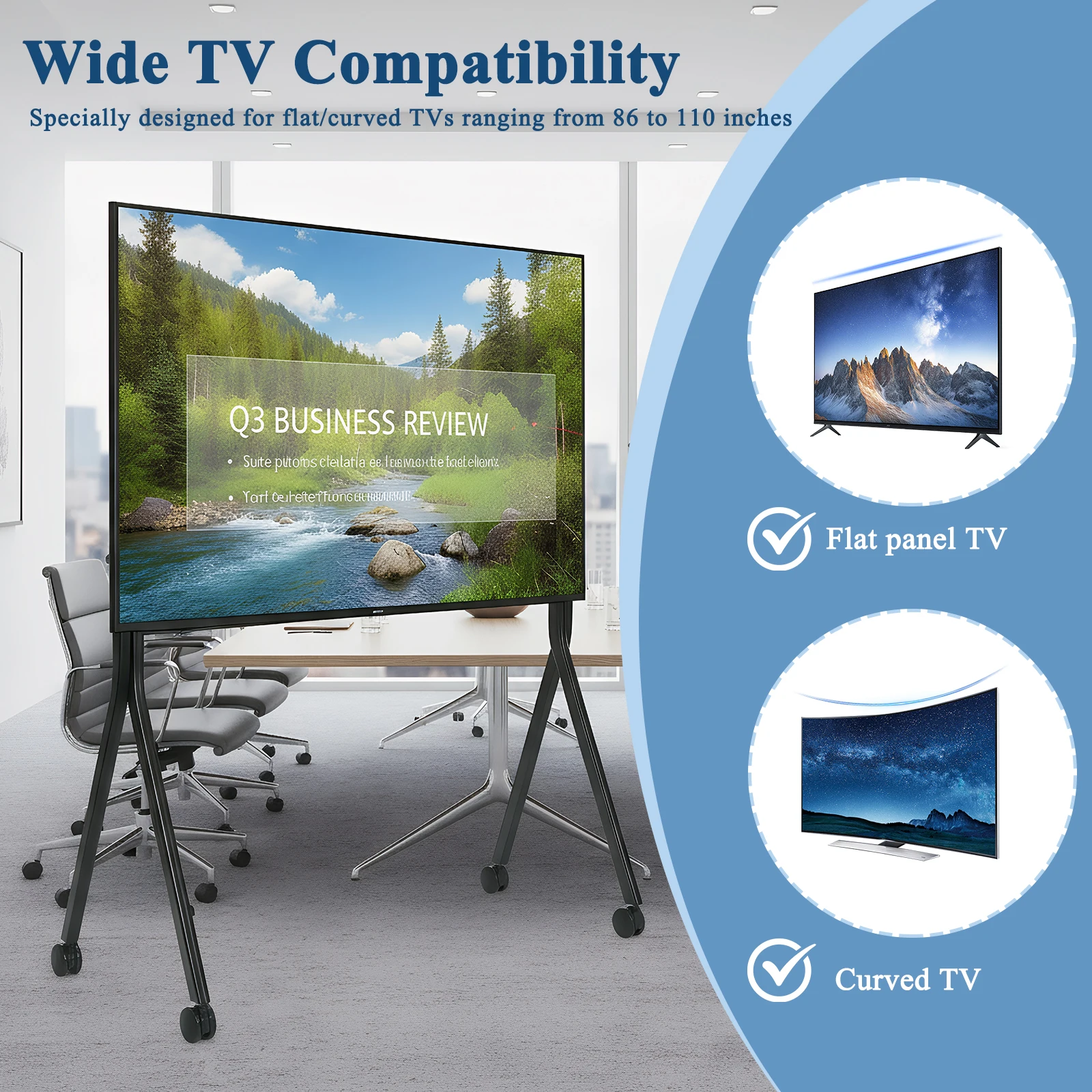Heavy Duty Rolling TV Stand for 86-110 Inch Screens Portable Corner TV Floor Stand Max Load 485LBS/220kg with Lockable Wheels
Heavy Duty Rolling TV Stand for 86-110 Inch Screens Portable Corner TV Floor Stand Max Load 485LBS/220kg with Lockable Wheels