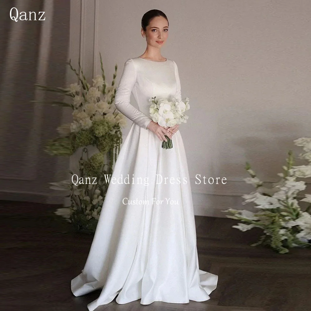 Qanz Elegant White Wedding Dresses O-Neck Long sleeves Satin Draped Bridal Gowns A-line Women Formal Robe De Mariée Customized
Qanz Elegant White Wedding Dresses O-Neck Long sleeves Satin Draped Bridal Gowns A-line Women Formal Robe De Mariée Customized