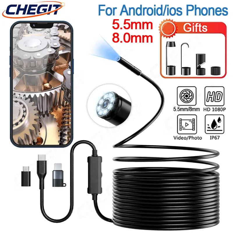 Mini 5.5/ 8mm Endoscope Camera with two port 1080P HD Inspection Sewer Borescope Camera for iOS/Android System for Checking Car