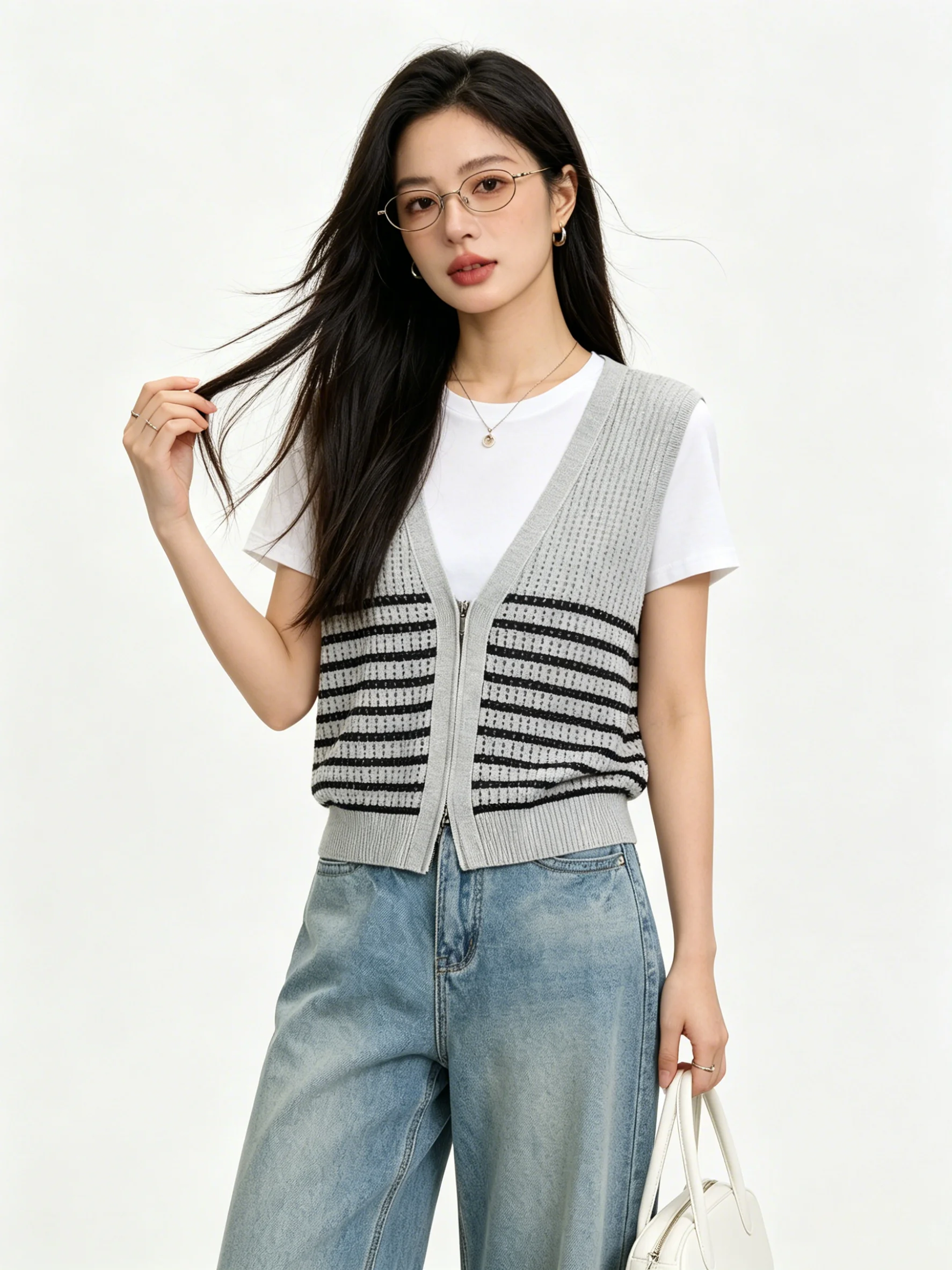 Slimming Stripe Knitted Vest Top Short Sleeve Women's Summer Fashion Set Casual Style Breathable round Neck T-Shirt Vest Combo
Slimming Stripe Knitted Vest Top Short Sleeve Women's Summer Fashion Set Casual Style Breathable round Neck T-Shirt Vest Combo