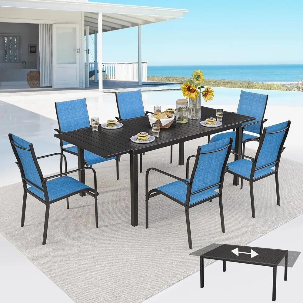 Expandable Patio Dining Set: 7-Piece with Blue Textilene Chairs for Outdoor, Deck, or Backyard
Expandable Patio Dining Set: 7-Piece with Blue Textilene Chairs for Outdoor, Deck, or Backyard