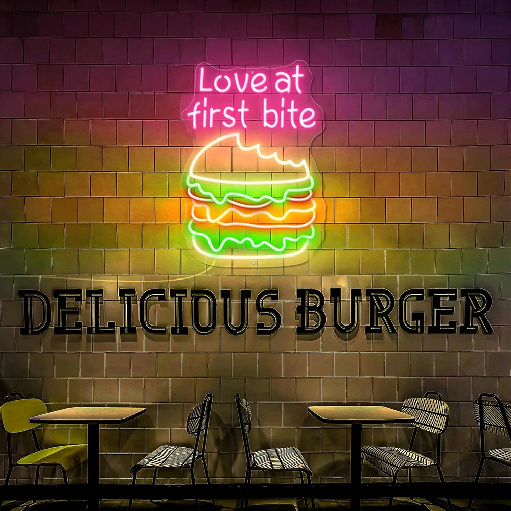 Love At First Bite Burger Neon Sign Custom Fast Food Shop Wall Hanging LED Burger Neon Light Personalized Outdoor Business Sign
Love At First Bite Burger Neon Sign Custom Fast Food Shop Wall Hanging LED Burger Neon Light Personalized Outdoor Business Sign
