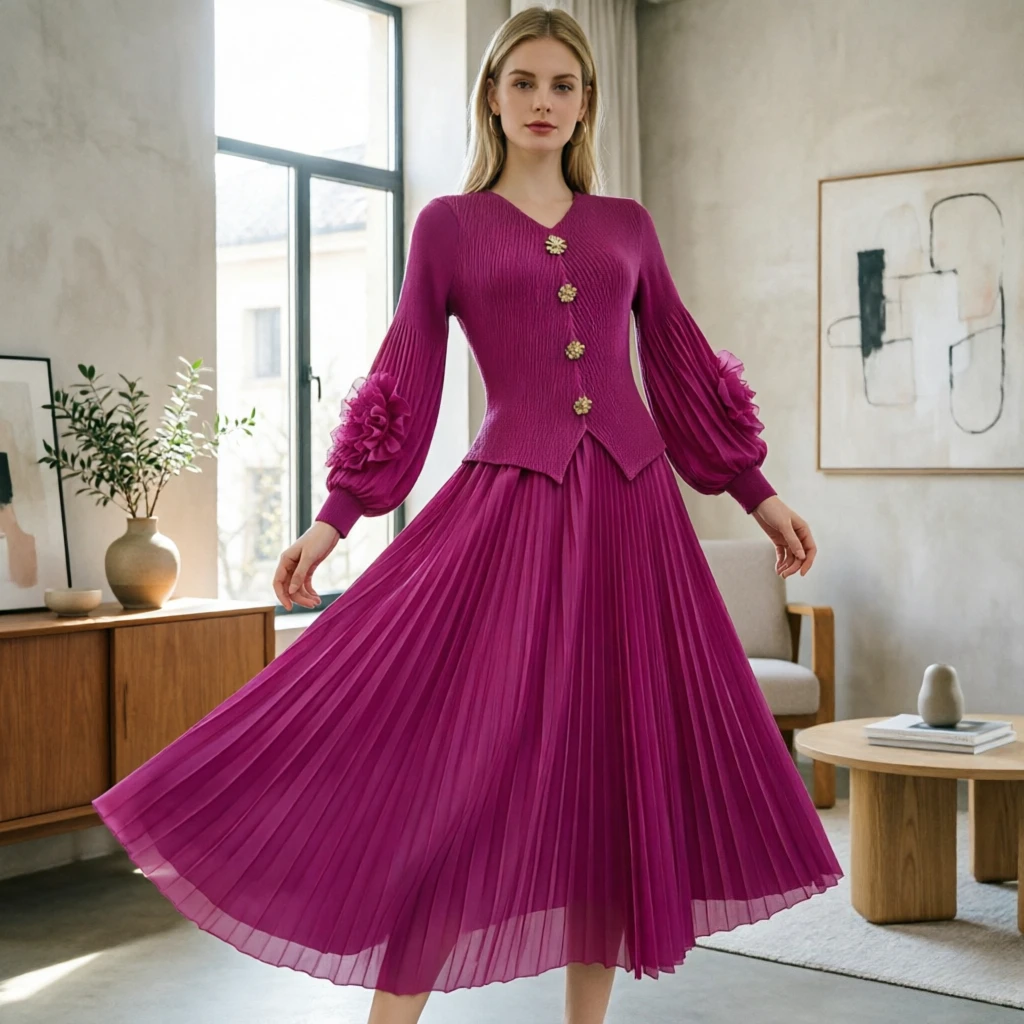 Miyake Pleated Lantern Sleeve V-Neck Top 2026 Europe New Elastic Waist Stretch Elegant Pleated Skirt Plus Size Women 2-Piece Set
Miyake Pleated Lantern Sleeve V-Neck Top 2026 Europe New Elastic Waist Stretch Elegant Pleated Skirt Plus Size Women 2-Piece Set