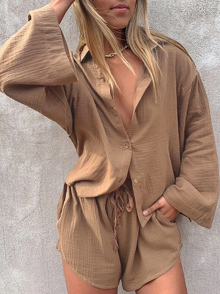 Summer Shorts Set Women Female Solid Casual Long Sleeve Shirt Tops And Mini Drawstring Shorts Suits Ladies Fashion Two Piece Set
Summer Shorts Set Women Female Solid Casual Long Sleeve Shirt Tops And Mini Drawstring Shorts Suits Ladies Fashion Two Piece Set