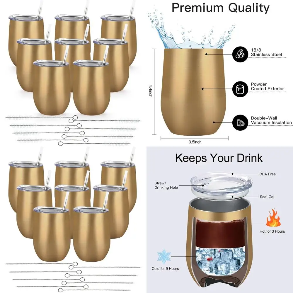 Set of 8, 12oz Insulated Stainless Steel Wine Tumblers with Lids, Double-Walled Stemless Cups for Coffee, Wine, Champaign - Gold
Set of 8, 12oz Insulated Stainless Steel Wine Tumblers with Lids, Double-Walled Stemless Cups for Coffee, Wine, Champaign - Gold